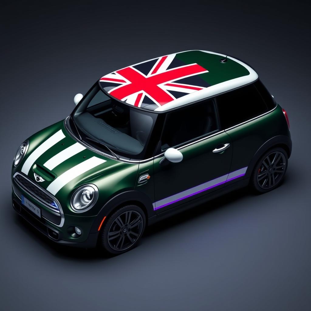 A dark green two-door Mini Cooper featuring a white stripe where the Union Jack flag decorates the roof