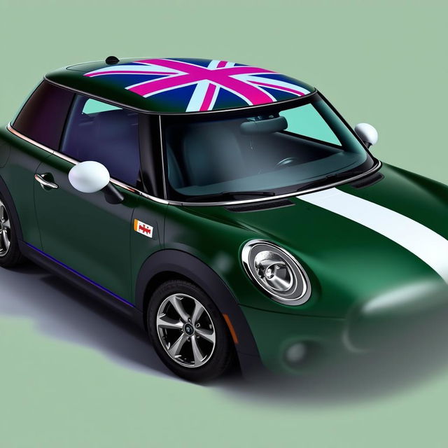 A dark green two-door Mini Cooper featuring a white stripe where the Union Jack flag decorates the roof