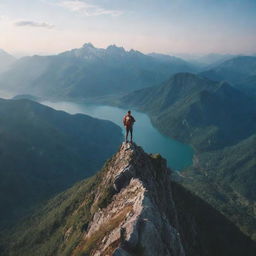 An adventurous person standing on the peak of a majestic mountain, awed by the breathtaking view of nature below.