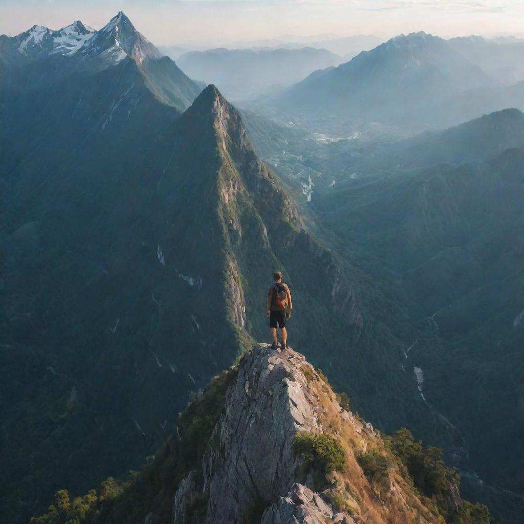 An adventurous person standing on the peak of a majestic mountain, awed by the breathtaking view of nature below.