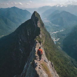 An adventurous person standing on the peak of a majestic mountain, awed by the breathtaking view of nature below.