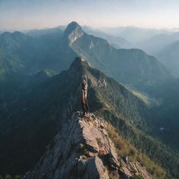 An adventurous person standing on the peak of a majestic mountain, awed by the breathtaking view of nature below.