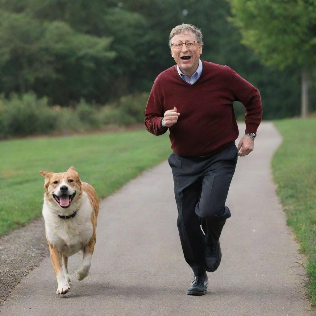 Bill Gates, the founder of Microsoft, humorously running with slight panic on his face as a friendly dog playfully chases him.