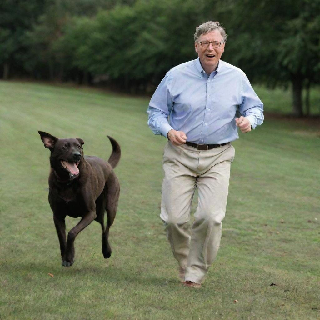 Bill Gates, the founder of Microsoft, humorously running with slight panic on his face as a friendly dog playfully chases him.