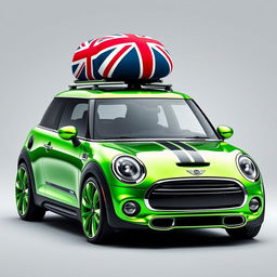 A futuristic electric Mini Cooper in bright metallic green, showcasing a sleek and modern design