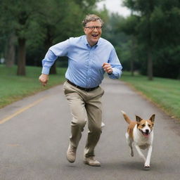 Bill Gates, the founder of Microsoft, humorously running with slight panic on his face as a friendly dog playfully chases him.