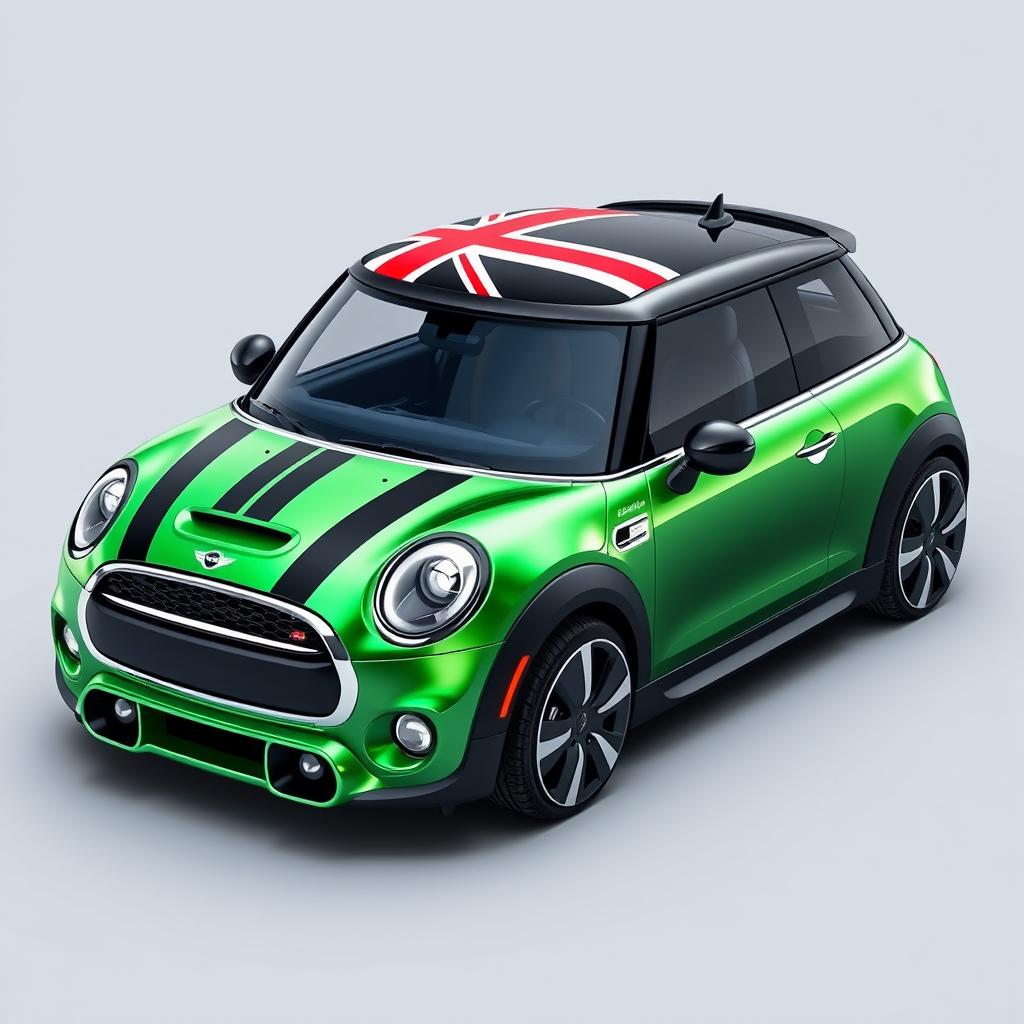 A futuristic electric Mini Cooper in bright metallic green, showcasing a sleek and modern design