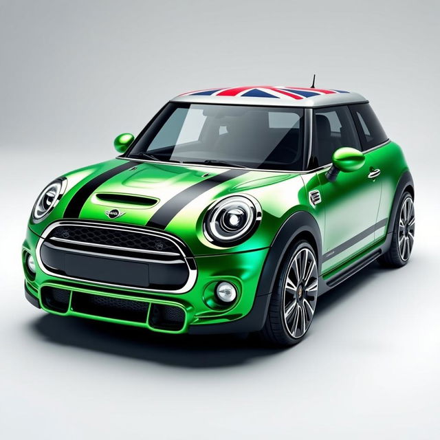 A futuristic electric Mini Cooper in bright metallic green, showcasing a sleek and modern design