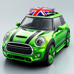 A futuristic electric Mini Cooper in bright metallic green, showcasing a sleek and modern design