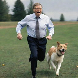 Bill Gates, the founder of Microsoft, humorously running with slight panic on his face as a friendly dog playfully chases him.