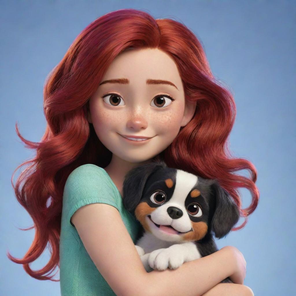 A Disney-Pixar styled girl with vibrant black and red hair, cuddling a cute, lively dog.