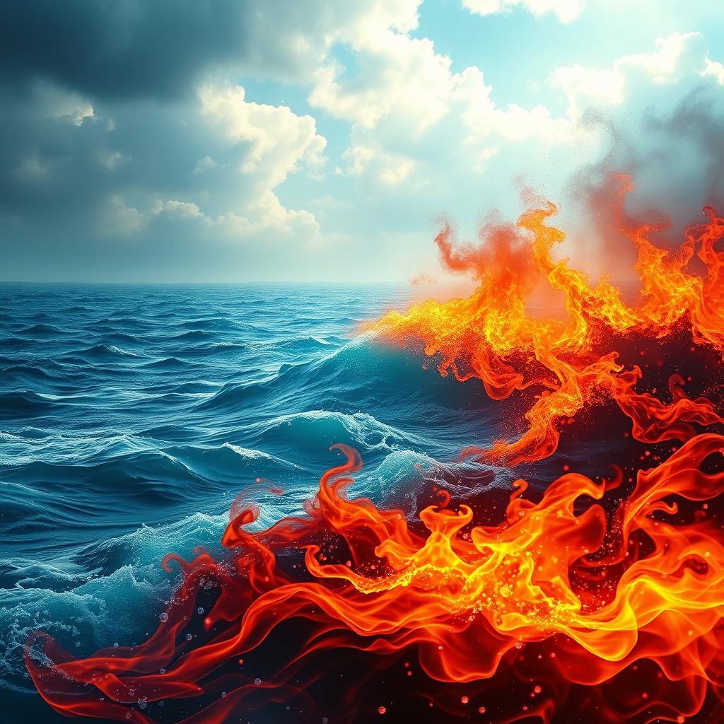 A dramatic and captivating landscape depicting an 'Ocean of Fire and Water with Tears'