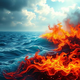 A dramatic and captivating landscape depicting an 'Ocean of Fire and Water with Tears'