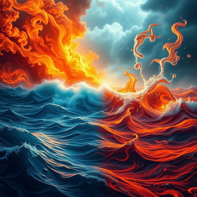 A dramatic and captivating landscape depicting an 'Ocean of Fire and Water with Tears'