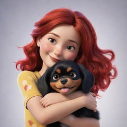 A Disney-Pixar styled girl with vibrant black and red hair, cuddling a cute, lively dog.