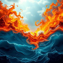 A dramatic and captivating landscape depicting an 'Ocean of Fire and Water with Tears'