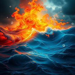 A dramatic and captivating landscape depicting an 'Ocean of Fire and Water with Tears'