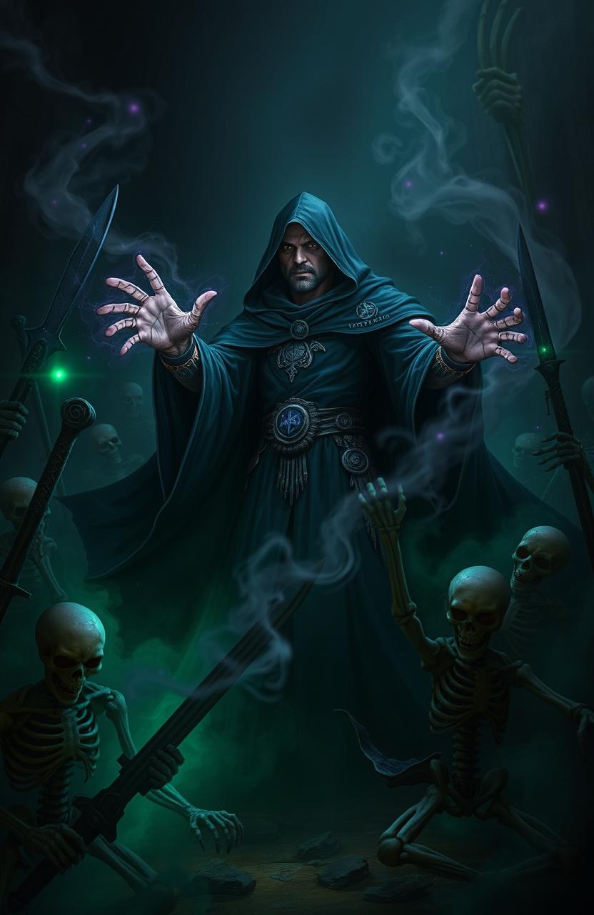 A powerful necromancer in a dark, atmospheric fantasy setting, surrounded by a horde of animated skeleton soldiers