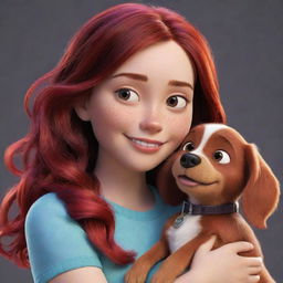 A Disney-Pixar styled girl with vibrant black and red hair, cuddling a cute, lively dog.