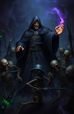 A powerful necromancer in a dark, atmospheric fantasy setting, surrounded by a horde of animated skeleton soldiers