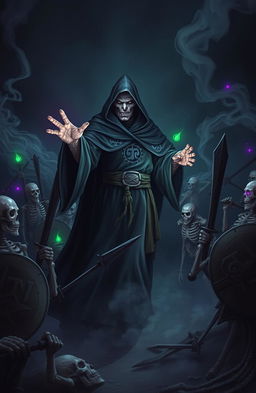 A powerful necromancer in a dark, atmospheric fantasy setting, surrounded by a horde of animated skeleton soldiers