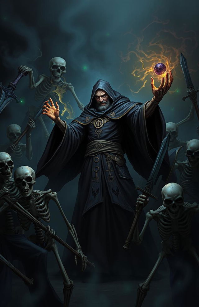 A powerful necromancer in a dark, atmospheric fantasy setting, surrounded by a horde of animated skeleton soldiers