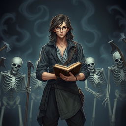 A young man with long hair, wearing stylish glasses, stands confidently amidst a legion of skeleton soldiers in a mystical, dark fantasy setting