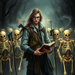 A young man with long hair, wearing stylish glasses, stands confidently amidst a legion of skeleton soldiers in a mystical, dark fantasy setting