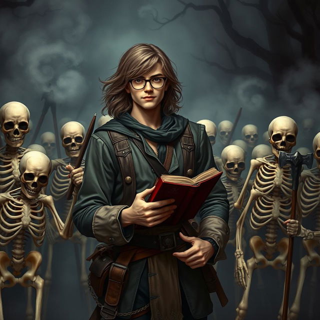 A young man with long hair, wearing stylish glasses, stands confidently amidst a legion of skeleton soldiers in a mystical, dark fantasy setting