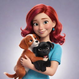 A Disney-Pixar styled girl with vibrant black and red hair, cuddling a cute, lively dog.