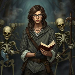 A young man with long hair, wearing stylish glasses, stands confidently amidst a legion of skeleton soldiers in a mystical, dark fantasy setting