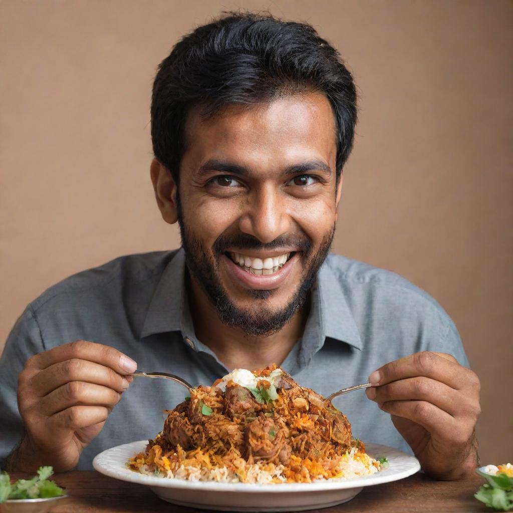 A Pakistani man, joyfully immersed in tasting flavorful biryani with vibrant spices, garnished with fresh mint.