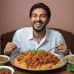 A Pakistani man, joyfully immersed in tasting flavorful biryani with vibrant spices, garnished with fresh mint.