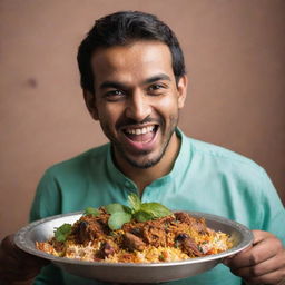 A Pakistani man, joyfully immersed in tasting flavorful biryani with vibrant spices, garnished with fresh mint.