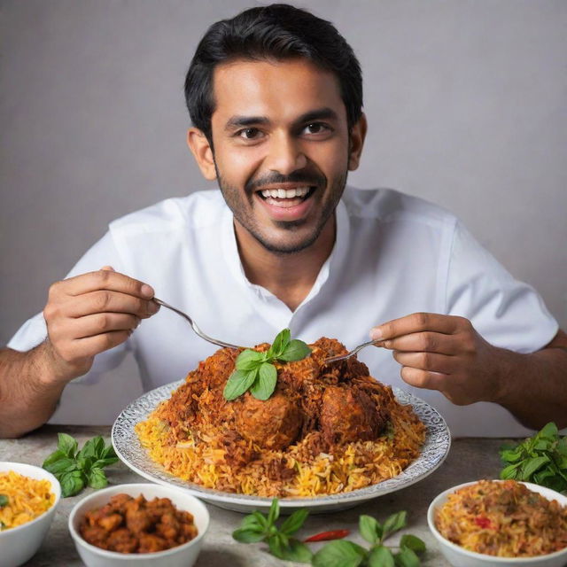 A Pakistani man, joyfully immersed in tasting flavorful biryani with vibrant spices, garnished with fresh mint.