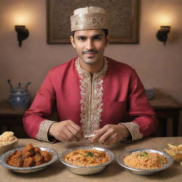 Intensify the characteristics of the Pakistani man, adorning him in traditional attire, sitting in a decorated Pakistani setting, relishing the aromatic biryani.