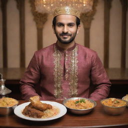 Intensify the characteristics of the Pakistani man, adorning him in traditional attire, sitting in a decorated Pakistani setting, relishing the aromatic biryani.