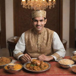 Intensify the characteristics of the Pakistani man, adorning him in traditional attire, sitting in a decorated Pakistani setting, relishing the aromatic biryani.