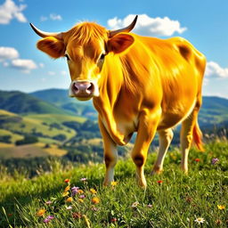 A stunning and vibrant image of a bright, golden-yellow cow standing gracefully in a picturesque landscape