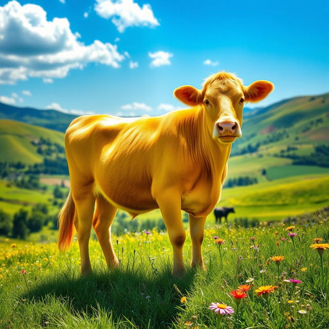 A stunning and vibrant image of a bright, golden-yellow cow standing gracefully in a picturesque landscape