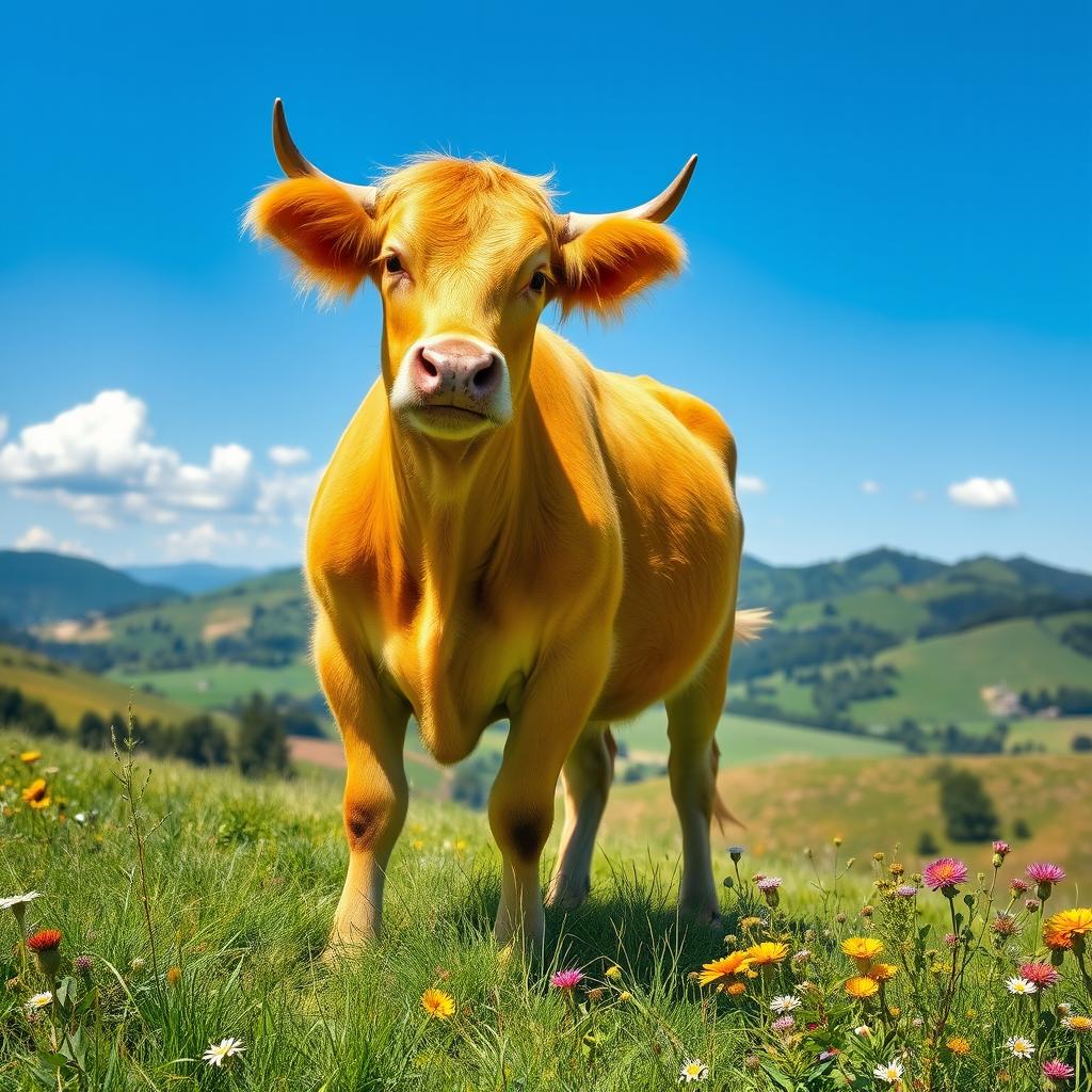 A stunning and vibrant image of a bright, golden-yellow cow standing gracefully in a picturesque landscape