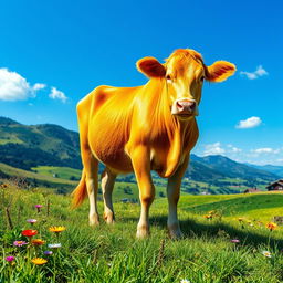 A stunning and vibrant image of a bright, golden-yellow cow standing gracefully in a picturesque landscape