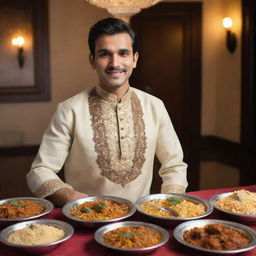 Intensify the characteristics of the Pakistani man, adorning him in traditional attire, sitting in a decorated Pakistani setting, relishing the aromatic biryani.