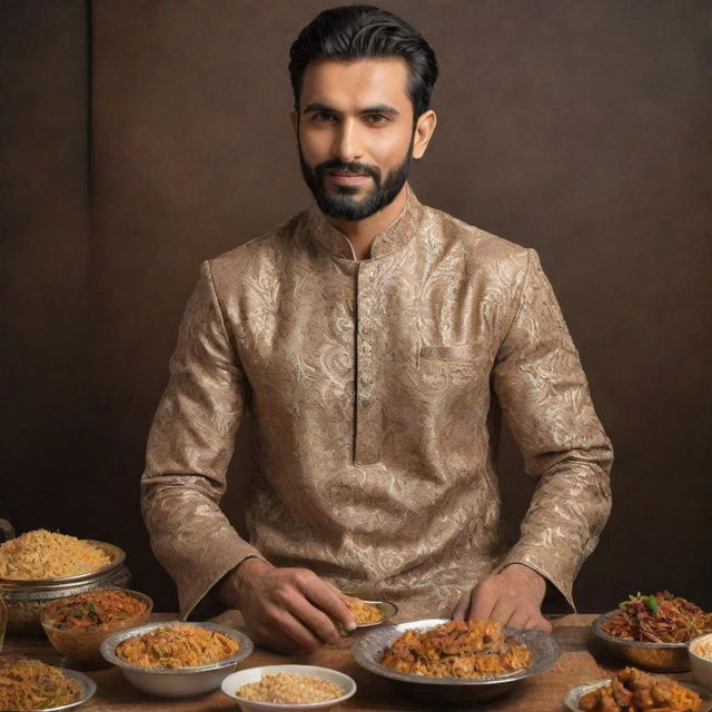 Amplify the characteristics of a Pakistani man to the maximum, wearing richly embellished traditional attire, surrounded by iconic Pakistani motifs, deeply engaged in enjoying a sumptuous biryani feast.