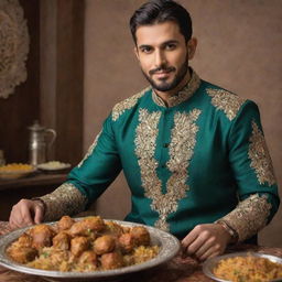 Amplify the characteristics of a Pakistani man to the maximum, wearing richly embellished traditional attire, surrounded by iconic Pakistani motifs, deeply engaged in enjoying a sumptuous biryani feast.