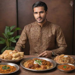 Amplify the characteristics of a Pakistani man to the maximum, wearing richly embellished traditional attire, surrounded by iconic Pakistani motifs, deeply engaged in enjoying a sumptuous biryani feast.