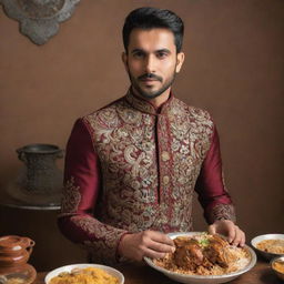 Amplify the characteristics of a Pakistani man to the maximum, wearing richly embellished traditional attire, surrounded by iconic Pakistani motifs, deeply engaged in enjoying a sumptuous biryani feast.