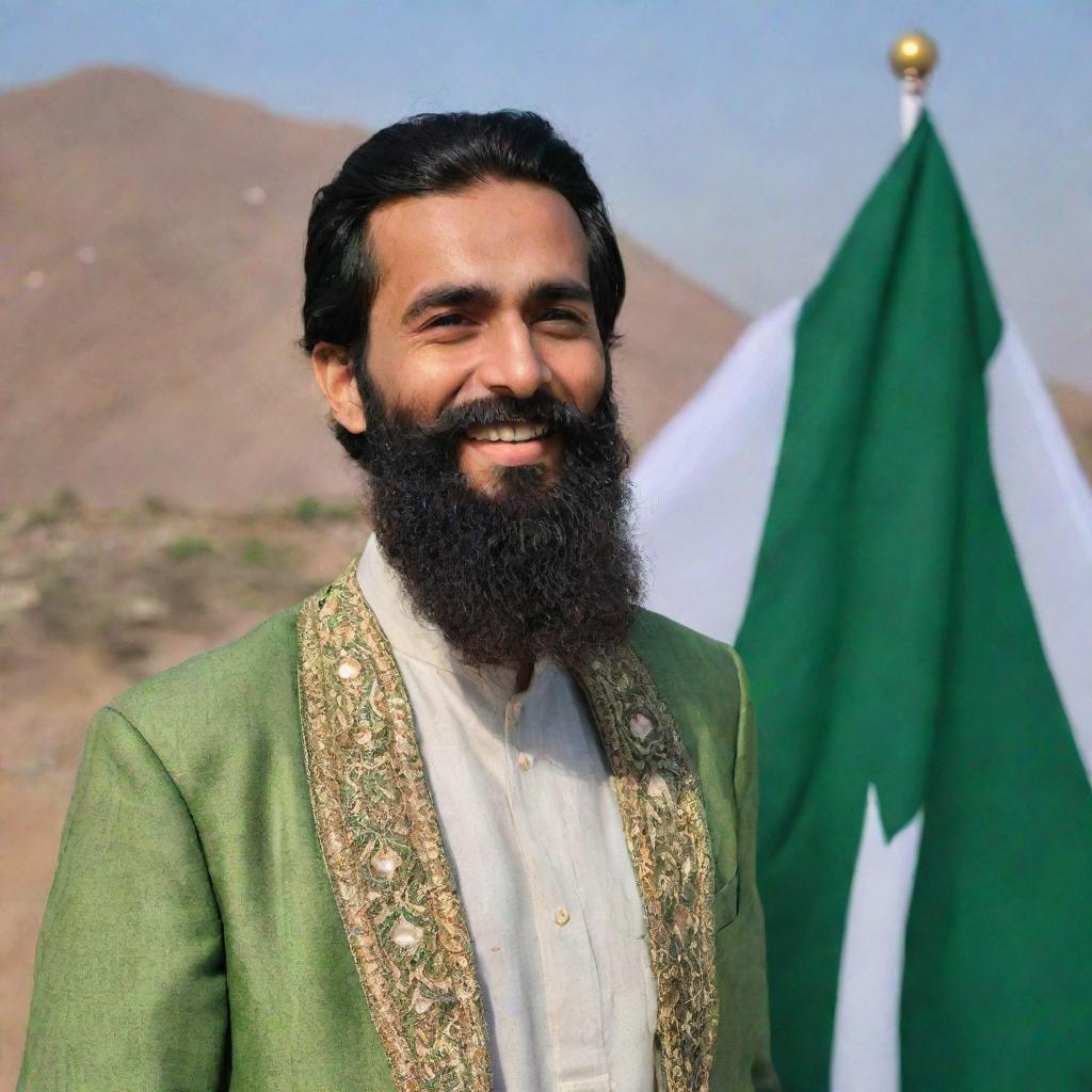 A traditional Pakistani man, dressed in a salwar kameez and sporting a full beard, displaying pride and joy in front of the Pakistani flag.