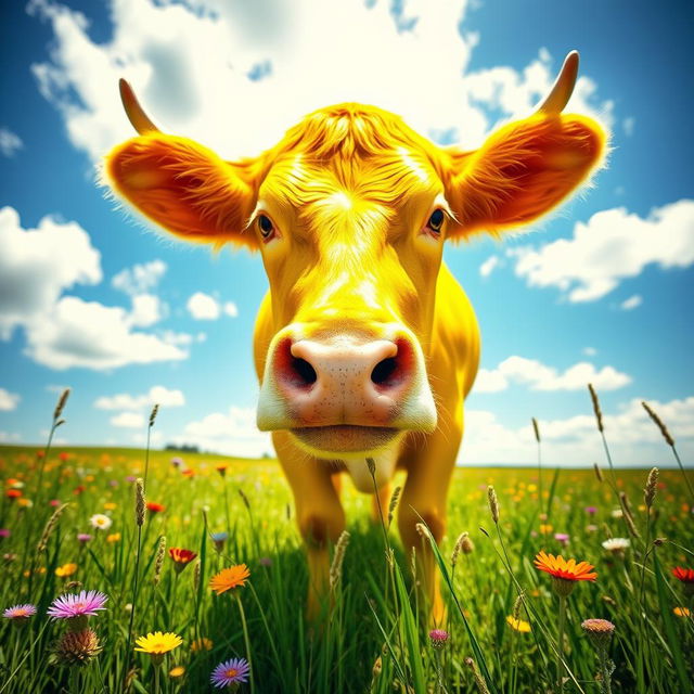 A beautiful and vibrant depiction of a strikingly bright yellow cow, captivating the viewer with its vivid color and presence