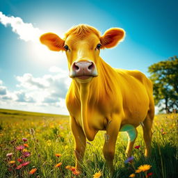A beautiful and vibrant depiction of a strikingly bright yellow cow, captivating the viewer with its vivid color and presence